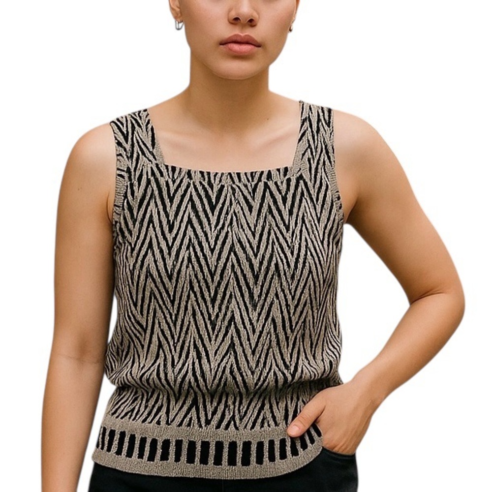 Pleat Pleat By Rafael  Black and Tan  cream Chevron Tank Top. Sz M